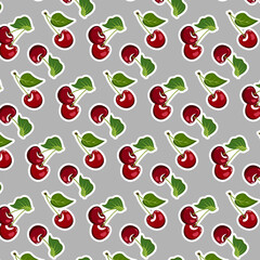 Stickers with cherries in a pattern.Vector seamless pattern with cherry stickers on a gray background.