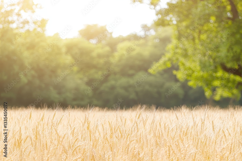 Poster a serene golden field with soft sunlight filtering through, bordered by lush green trees in the back