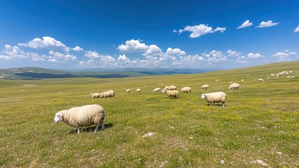 Obraz premium Sheep Grazing in Wildflower Meadow Under Blue Sky