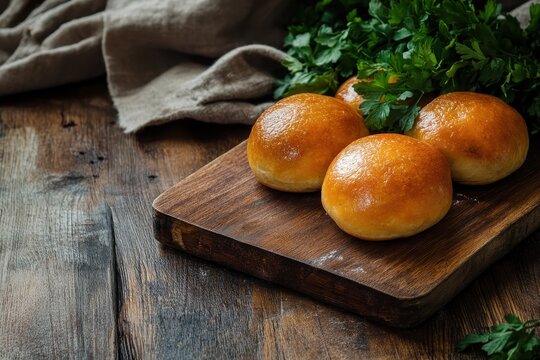Wooden baked patties of Russian pirozhki