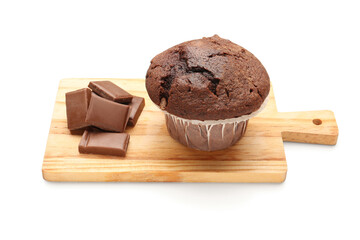 Wooden board with tasty chocolate cupcakes isolated on white background