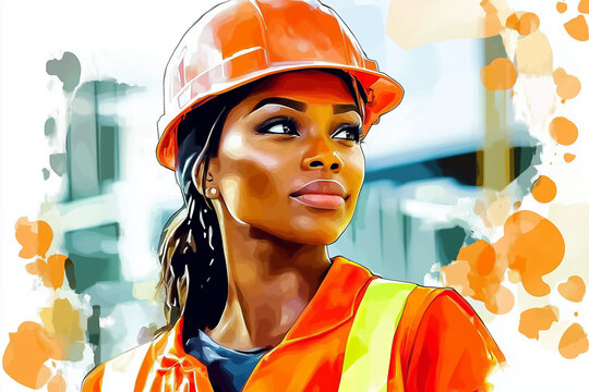 Watercolour illustration of a female builder at construction site. African american woman working on apprenticeship training scheme. Inspiring young woman, international women's day	