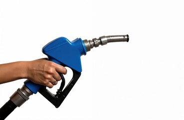 Close-up shot woman hand holds blue fuel nozzle isolated on white. Fuel dispenser handgun refilling at gasoline petrol station. Energy business, transport, oil industry or environmental pollution.