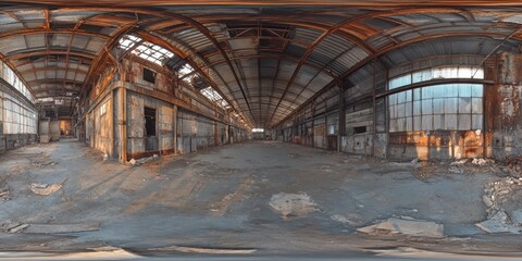 Equirectangular HDRI of an abandoned industrial warehouse, rusty steel beams, broken windows, 
