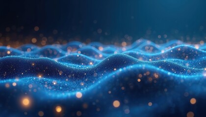 Obraz premium Blue digital background with golden particles. High-tech futuristic design featuring undulating waves shimmering lights. Modern elegant vibrant backdrop for science, cyberspace, matrix, virtual
