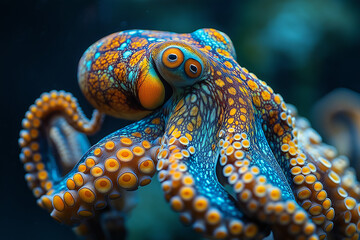 A vibrant, multicolored octopus with intricate patterns on its skin, gracefully swimming in crystal-clear ocean waters. Its tentacles move fluidly, with an array of glowing colors blending with the de