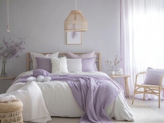A cozy bedroom interior featuring a bed with soft pastel accents