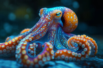 A vibrant, multicolored octopus with intricate patterns on its skin, gracefully swimming in crystal-clear ocean waters. Its tentacles move fluidly, with an array of glowing colors blending with the de
