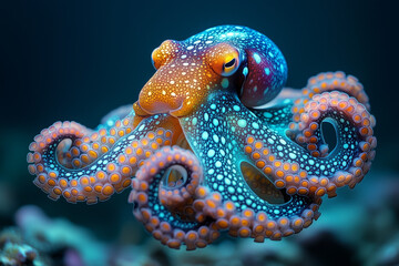 A vibrant, multicolored octopus with intricate patterns on its skin, gracefully swimming in crystal-clear ocean waters. Its tentacles move fluidly, with an array of glowing colors blending with the de