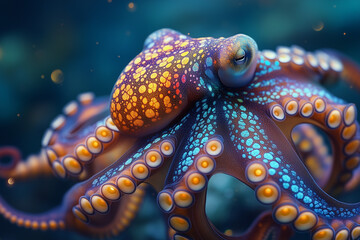 A vibrant, multicolored octopus with intricate patterns on its skin, gracefully swimming in crystal-clear ocean waters. Its tentacles move fluidly, with an array of glowing colors blending with the de