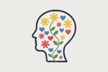 Mind Garden - Stylized Profile with Blooming Flowers and Hearts