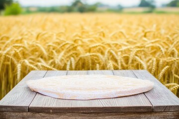 Rustic wooden table with a patterned tablecloth in a golden wheat field