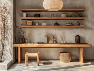 A Minimalist Home Office With Wooden Furniture And Decorations