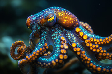 A vibrant, multicolored octopus with intricate patterns on its skin, gracefully swimming in crystal-clear ocean waters. Its tentacles move fluidly, with an array of glowing colors blending with the de