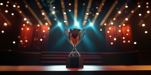  trophy on the stage, with an awards ceremony in the background, a minimalist technology stage, real,