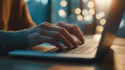 Woman's Hands Typing on Laptop Keyboard at Night with Bokeh Lights