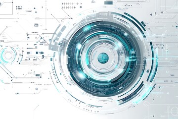 Obraz premium A white background with an AI technology theme featuring circular shapes and lines in shades of blue, green, gray, or black, representing artificial intelligence tech elements.