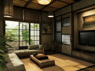 A peaceful and well lit minimalist style interior living room