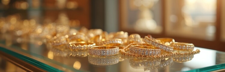Close-up of pawnshop display showcase. Rings, jewellery with diamonds and gold on glass shelf. Luxury jewelry banner. Expensive wedding finance concept. Luxury lifestyle, wealth, investment ideas.