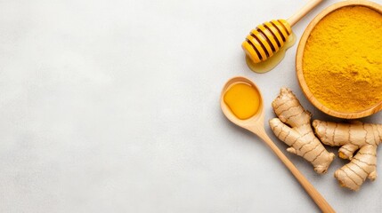 Fototapeta premium Healthy Food Arrangement with Honey and Turmeric on a Neutral Background
