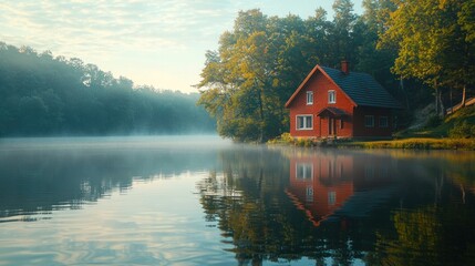 Obraz premium Misty morning lake house reflection