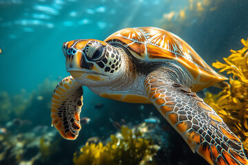 A calm sea turtle gliding through the clear water, surrounded by swaying seaweed and small fish. The turtle’s shell is detailed with natural patterns, and the sunlight filters through the water, creat