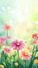 Colorful daisy flowers in a sunlit meadow with a dreamy background