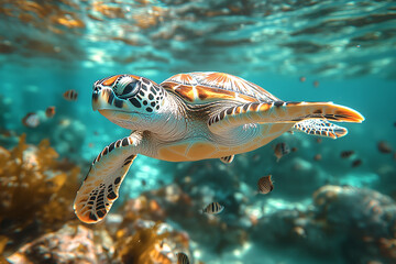 A calm sea turtle gliding through the clear water, surrounded by swaying seaweed and small fish. The turtle’s shell is detailed with natural patterns, and the sunlight filters through the water, creat