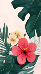 Tropical hibiscus flowers with lush green leaves on a soft background