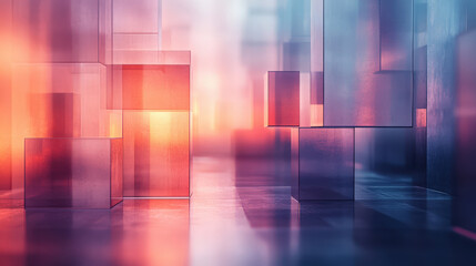 Glass Cubes Abstract Design. An abstract background showcasing the glassmorphism trend, with transparent glass cubes and a warm color palette of orange, pink and blue.