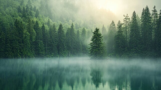 Misty morning lake in green forest - Powered by Adobe