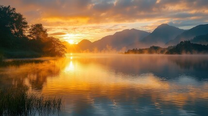 Golden Sunrise over Misty Mountain Lake