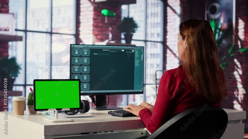 Fototapete woman interacting with intelligent ai chatbot next to mockup display, using innovative system. machi