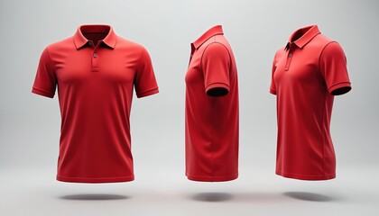 Three views of red polo shirt on light background front, side, back. Unisex casual short sleeve garment. Classic fit, simple design. Ideal for retail, uniform mock-up, sportswear concepts.