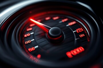 Close-up of a speedometer with a red glow, speed lights, ambient occlusion, Octane render, hyper-detailed, volumetric lighting, cinematic, sharp focus, hyper-realistic.