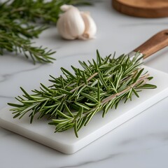 Fresh rosemary sprigs on white cutting board, marble background, garlic, cooking recipe