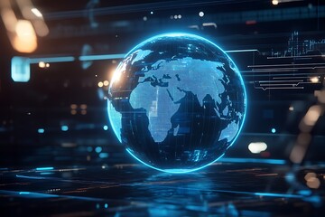 Fototapeta premium A futuristic and dynamic digital globe with a holographic world map surrounded by glowing blue technological symbols, set against an abstract dark background.