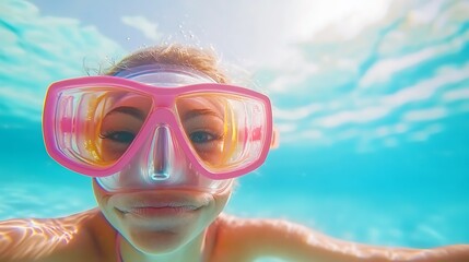 Naklejka premium Underwater girl smiling in pink snorkeling mask.