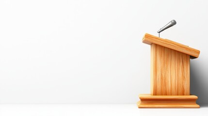 Wooden Podium with Microphone Against White Background
