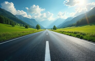 Perspective view of asphalt road through green valley. Path leads to distant mountains under bright sky with clouds. Perfect for themes travel, freedom, escape, exploration, adventure or transport.