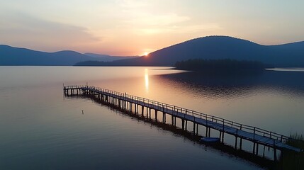 Obraz premium Tranquil sunrise over a serene lake with a wooden pier