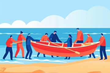 Group of people launching a boat on the beach teamwork and outdoor activity concept