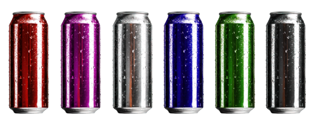 collection of canned drinks sparkling cola with various colors isolated on transparent background, generative ai