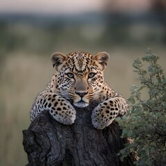 Obraz premium Leopard resting on log, savanna sunset, wildlife documentary