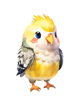 Kawaii Chibi Bird Parrot Finch Yellow Grey  Adorable Watercolor Illustration Isolated PNG Character