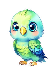 Obraz premium Kawaii Chibi Bird Parrot Blue Green Teal Adorable Watercolor Illustration Isolated PNG Character
