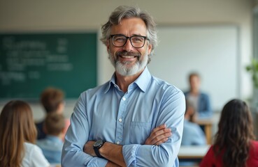 Fototapeta premium Confident mature male teacher with beard, glasses stands in classroom. Students in background. Educator smiles, arms crossed. Experienced pro mentors, guides students. Learning environment fosters