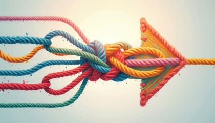 Multi-colored ropes tied together form arrow pointing to positive direction. Connection as business success metaphor, diverse ropes unite to shape diversity achievement. Strength in unity corporate