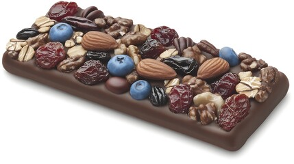 Dark chocolate bar with nuts, dried fruit, and berries.