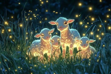 Naklejka premium Magical Night of the Lambs, Baby animals bunnies, chicks, lambs